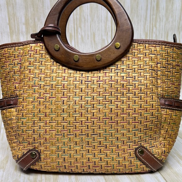 Fossil Woven Wood Handle Leather Detailed Hand Bag w/ Multi Color InnerWoven - Picture 8 of 17